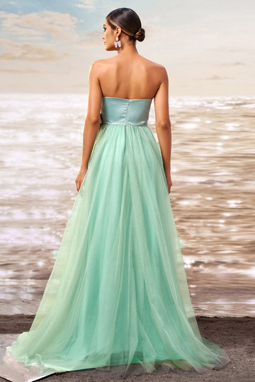 Green A Line Ruffled Strapless Tulle Long Formal Dress with Bow